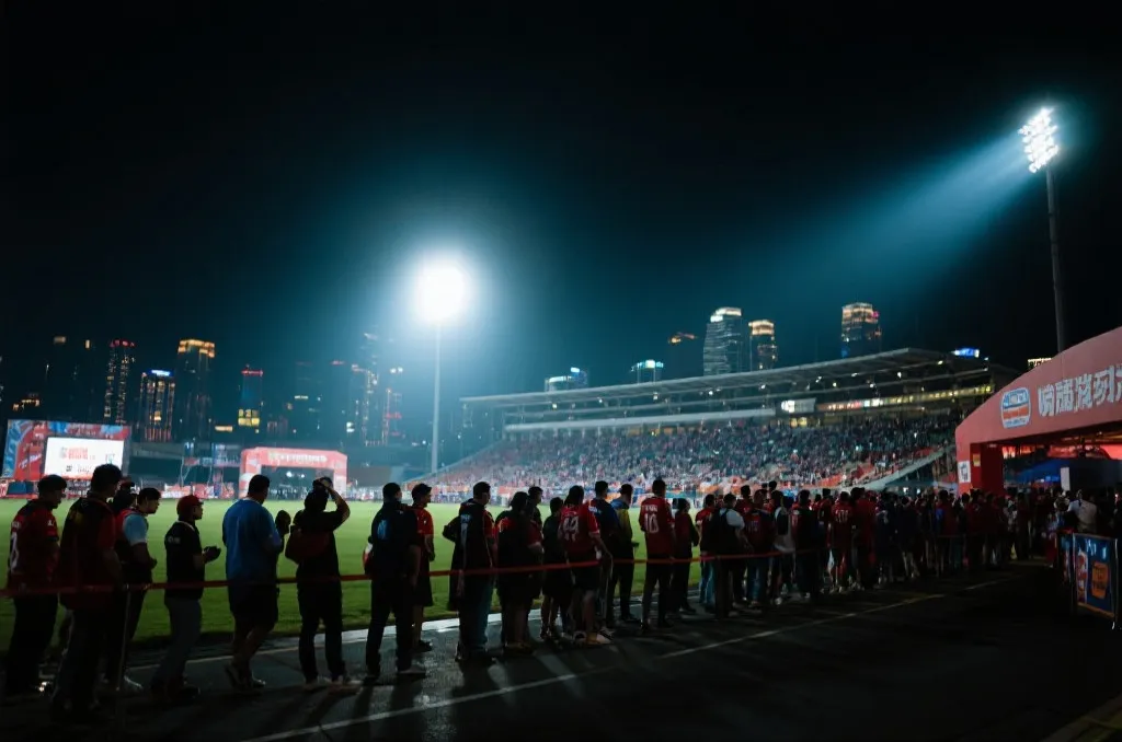 球迷在球场外排队入场，夜色与灯光交织